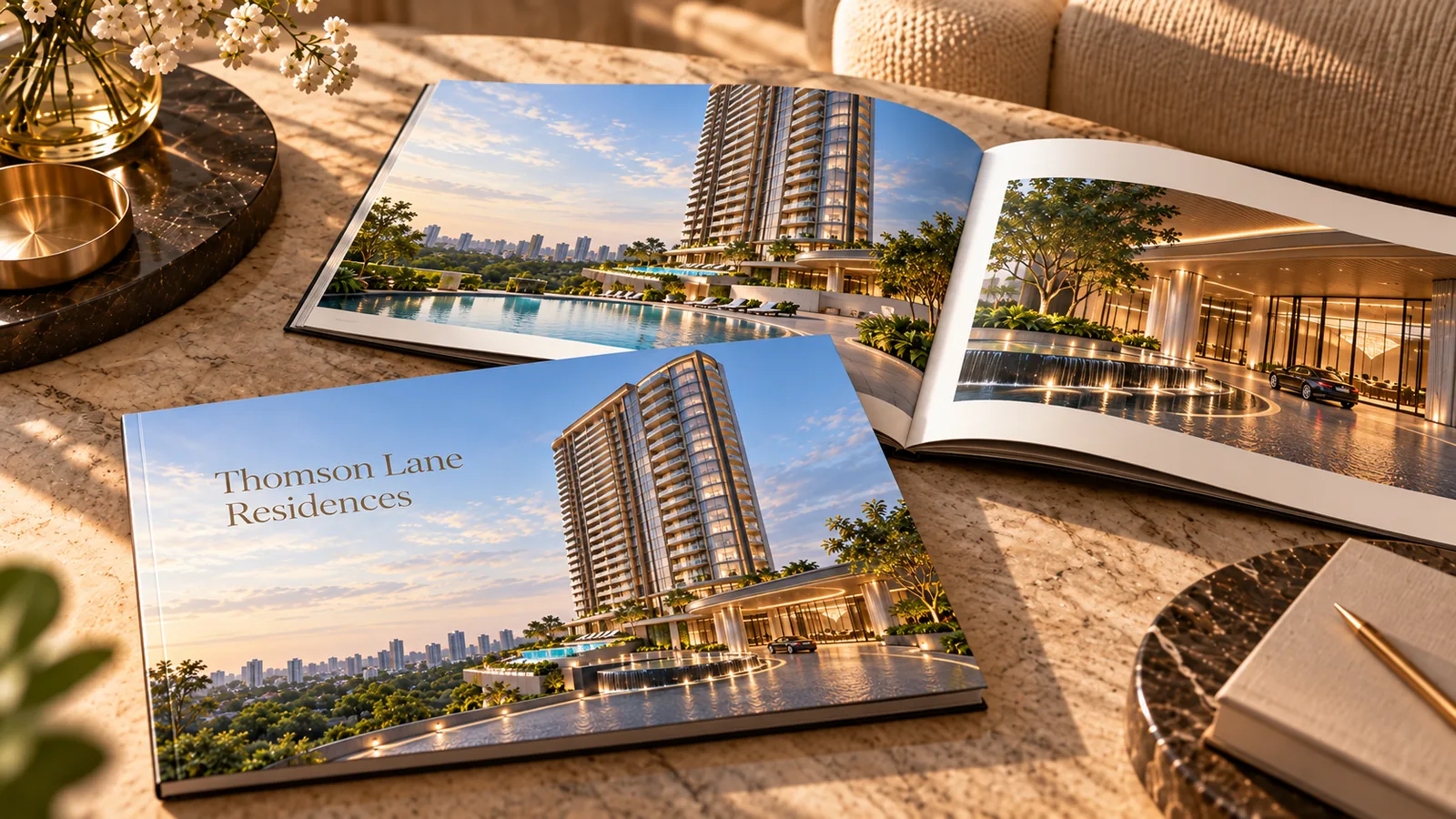 Artistic impression of the Thomson Lane Residences brochure on a marble table, showing the tower, pool and arrival court