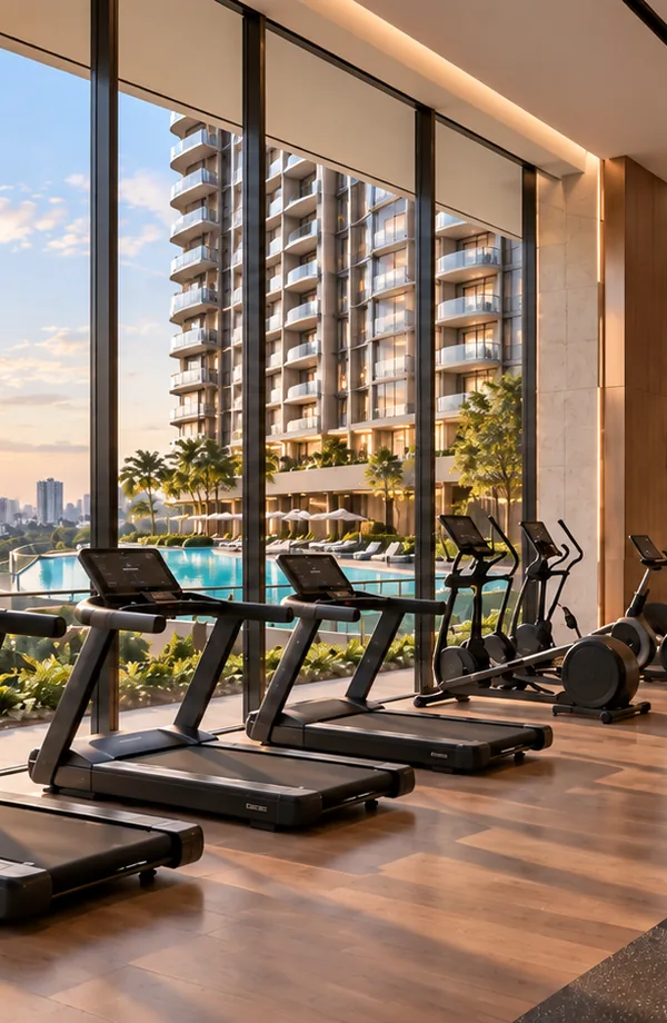 Artistic impression of a glass-walled gym with treadmills overlooking the pool at Thomson Lane Residences