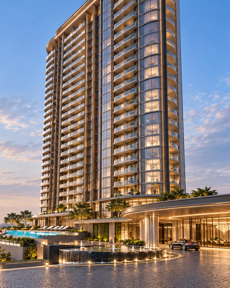 Artistic impression of the Thomson Lane Residences tower and arrival court at 8 Thomson Lane, framed in the figure-eight shape of the logo, a nod to the 8 Thomson Lane address