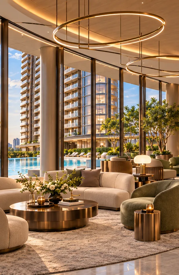 Artistic impression of a clubhouse lounge with curved sofas and pool views at Thomson Lane Residences